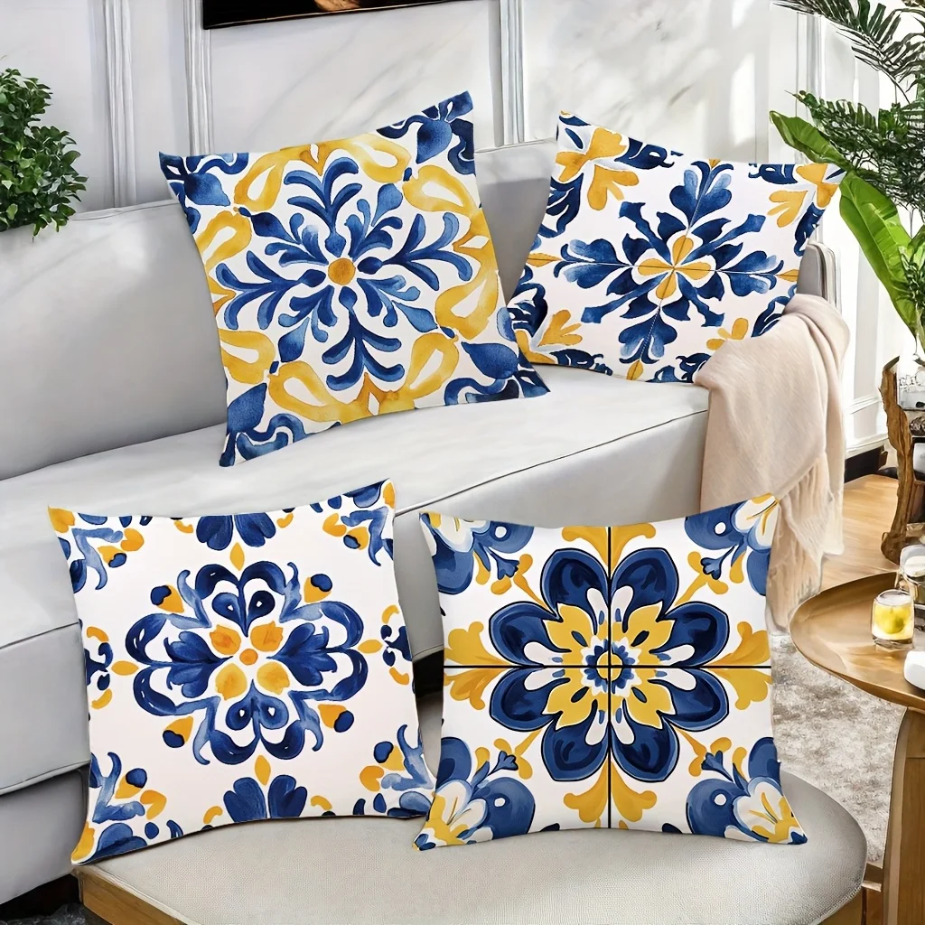 4-piece set, vibrant and intricate blue-yellow tile pattern - inspirational pillow cover decoration, insert not included. thumbnail 4