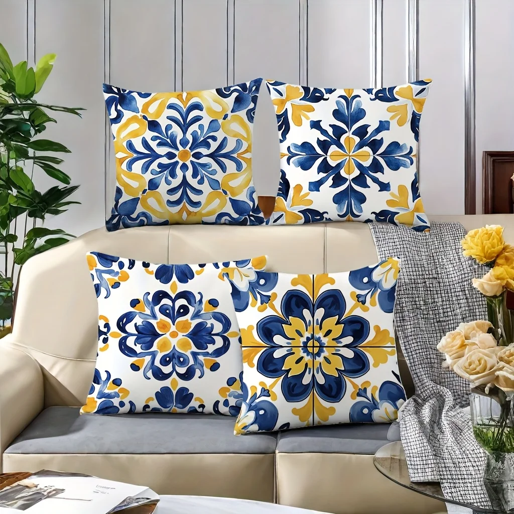 4-piece set, vibrant and intricate blue-yellow tile pattern - inspirational pillow cover decoration, insert not included. thumbnail 2