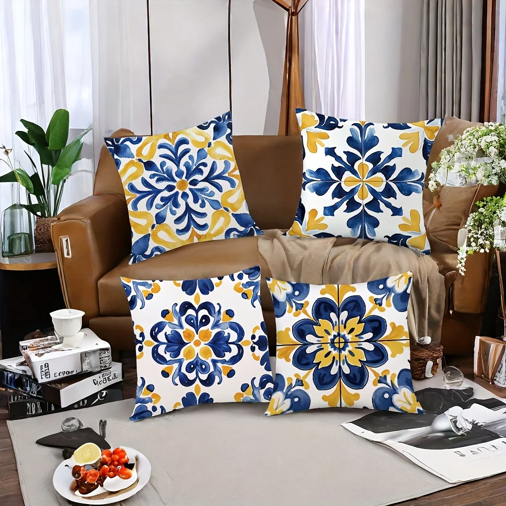 4-piece set, vibrant and intricate blue-yellow tile pattern - inspirational pillow cover decoration, insert not included. thumbnail 5
