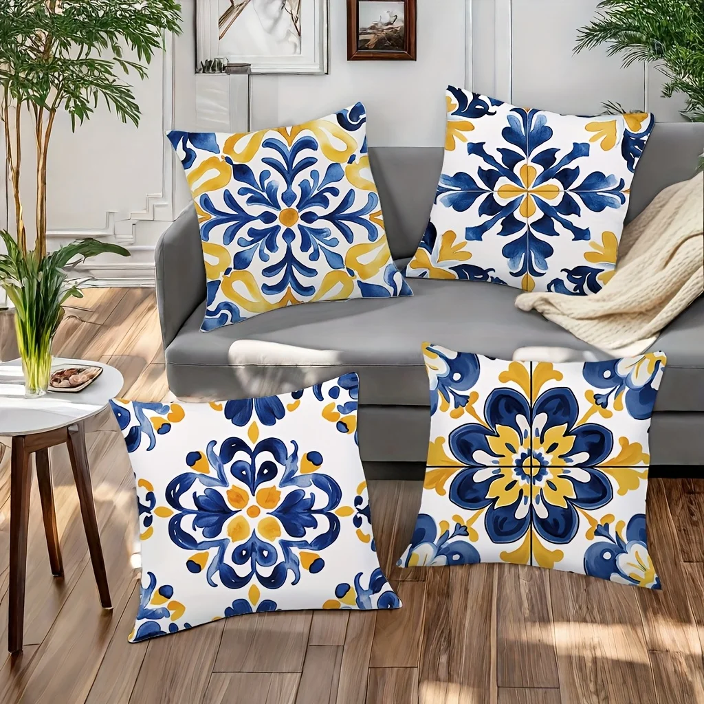 4-piece set, vibrant and intricate blue-yellow tile pattern - inspirational pillow cover decoration, insert not included. thumbnail 3