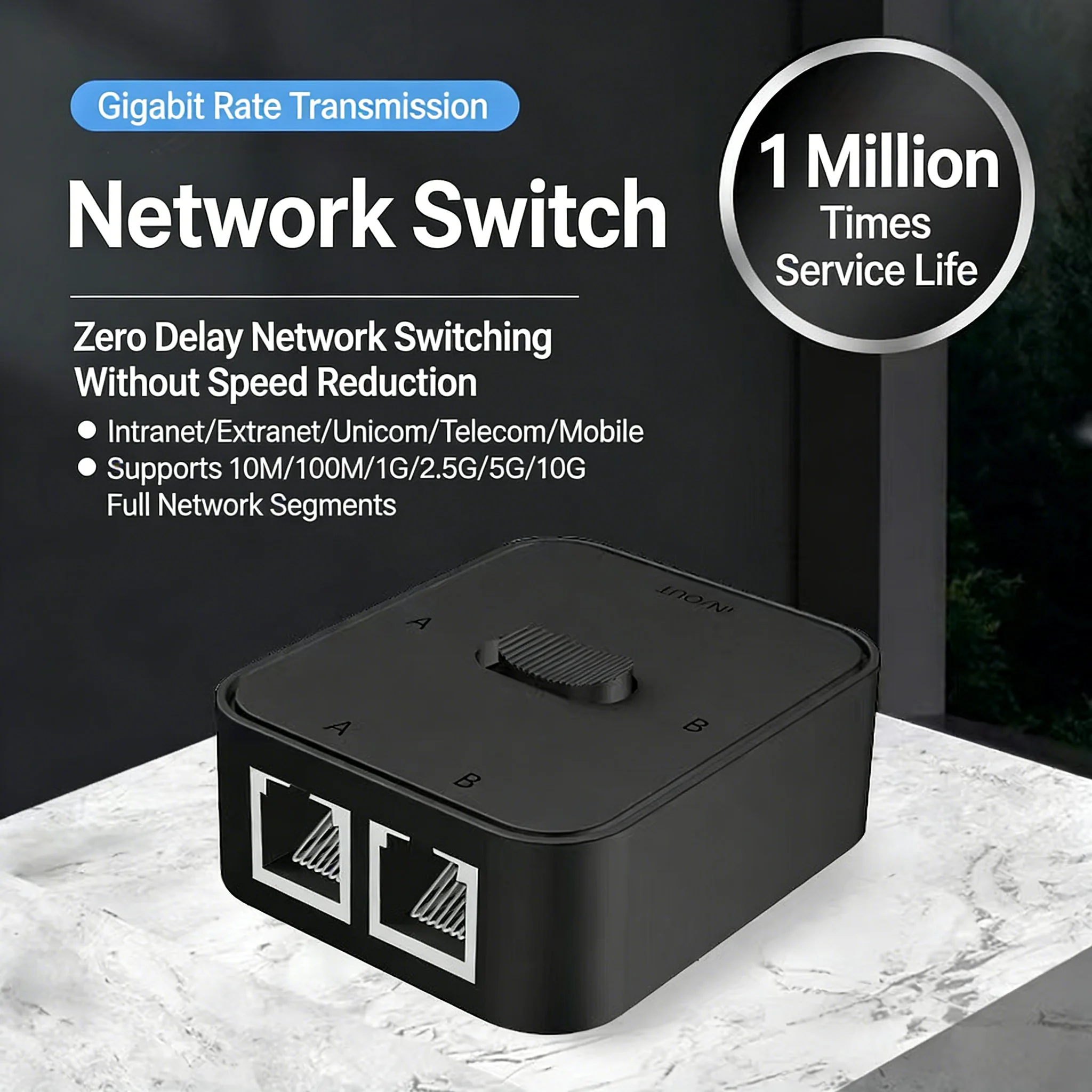 2 Port 1000Mbps Gigabit Network Switch - RJ45 Splitter Cable Extender 2 Way Power Free Adapter