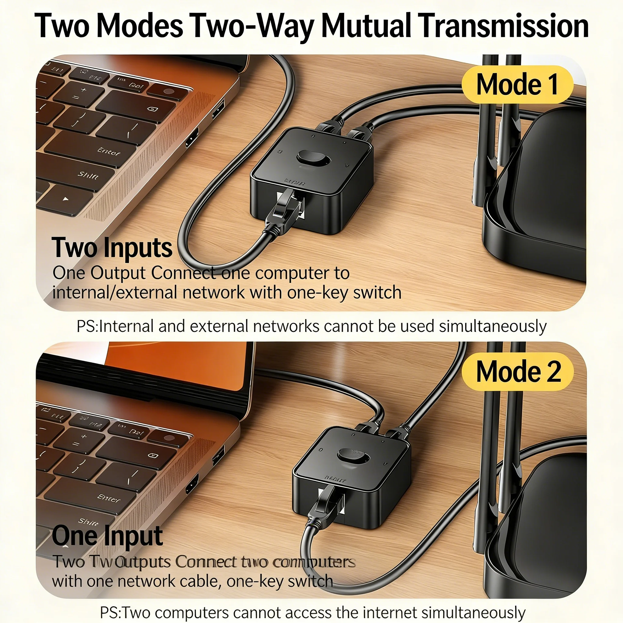 2 Port 1000Mbps Gigabit Network Switch - RJ45 Splitter Cable Extender 2 Way Power Free Adapter thumbnail 4
