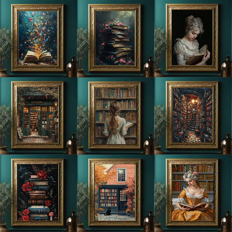 Vintage Bookstore Canvas Painting Dark Academia Floral Witchy Book Flower Poster Bookish Wall Art for Library Room Home Decor thumbnail 2
