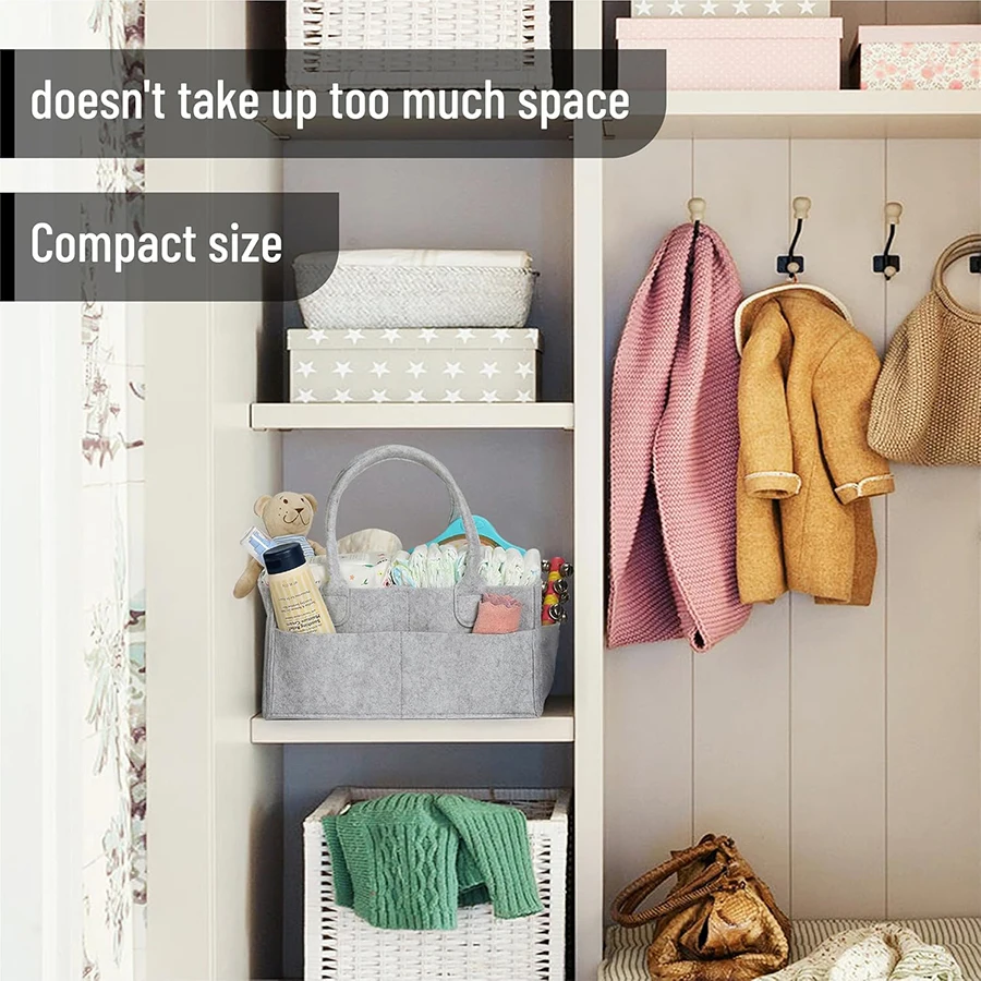 Baby Felt Storage Nursery Organizer Basket Infant Diaper Bag with Handle Caddy Changing Nappy Kids Storage Carrier Large Pocket thumbnail 2