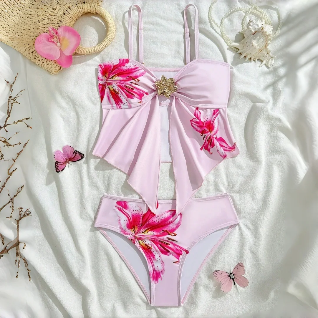 Medium/Large Girls' Swimwear Adjustable Thin Strap Tankini Set Two-Piece Bikini with Floral Print Girls' Swimsuit 7y To 16Y