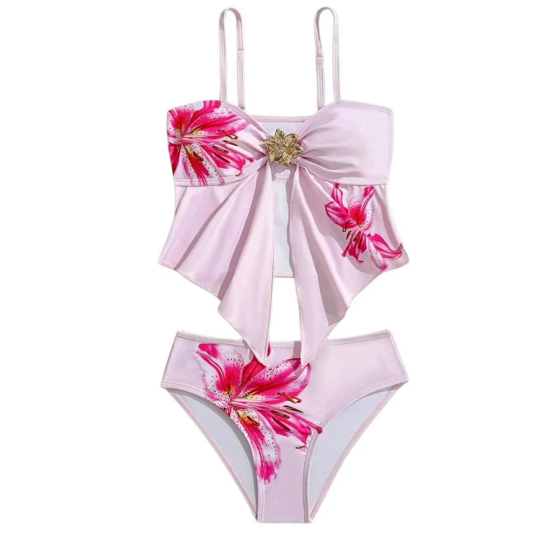 Medium/Large Girls' Swimwear Adjustable Thin Strap Tankini Set Two-Piece Bikini with Floral Print Girls' Swimsuit 7y To 16Y thumbnail 6