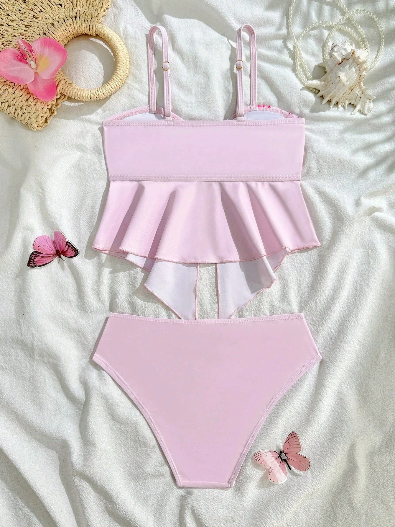 Medium/Large Girls' Swimwear Adjustable Thin Strap Tankini Set Two-Piece Bikini with Floral Print Girls' Swimsuit 7y To 16Y thumbnail 3