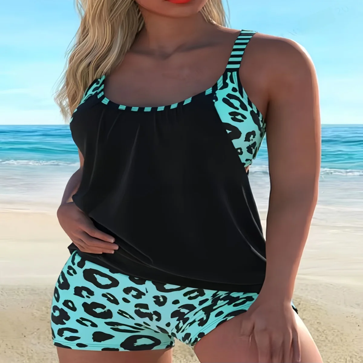 2025 New Comfortable Tankini Two-Piece Swimsuit Women's Print Bikini High Waist Quick Dry Gradient Backless Elastic Swimwear thumbnail 3