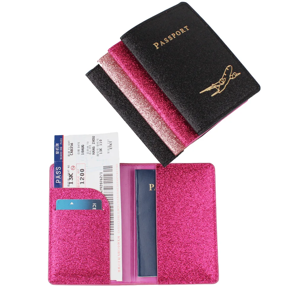 Glitter PU Leather Passport Holder for Women Men, Bling Airplane Embossed Travel Passport Cover, Slim Document Protector Case thumbnail 4