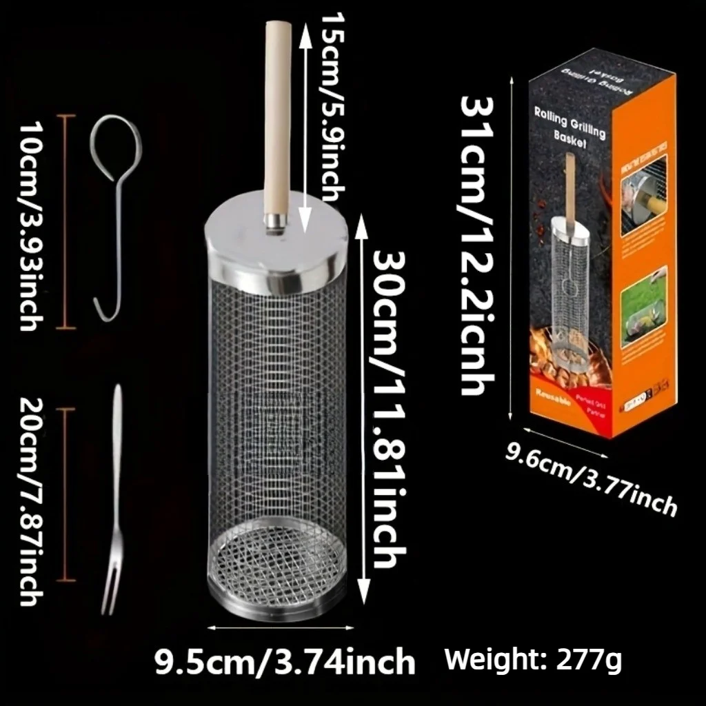 Wooden handle rolling barbecue cage, outdoor BBQ grill basket, 304 stainless steel barbecue tube, barbecue net,Free shipping thumbnail 5