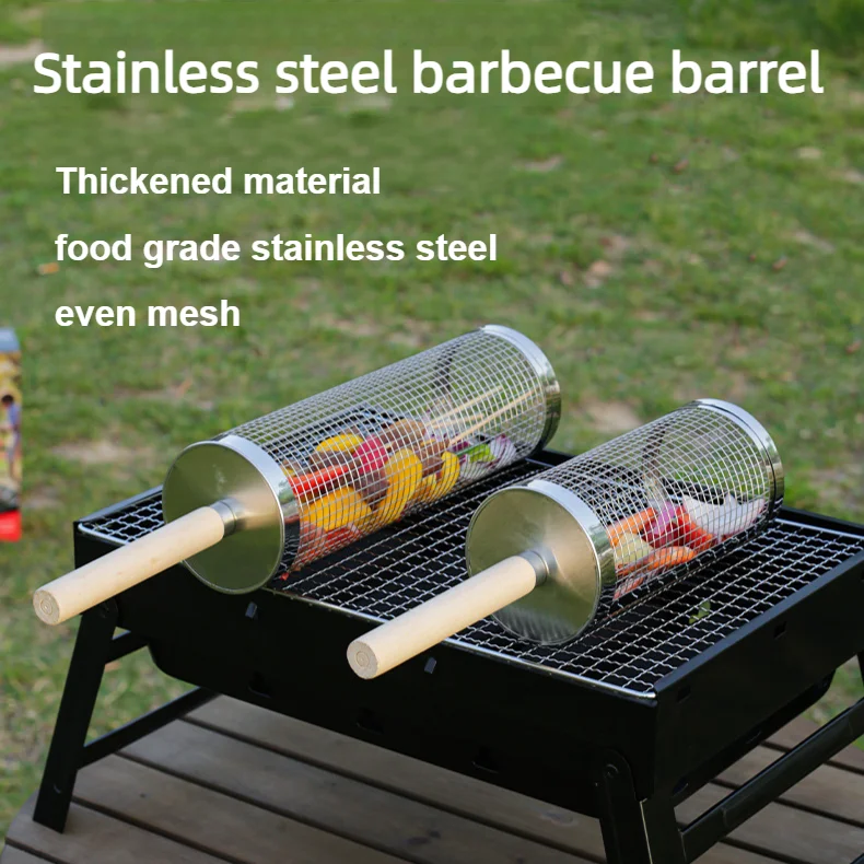 Wooden handle rolling barbecue cage, outdoor BBQ grill basket, 304 stainless steel barbecue tube, barbecue net,Free shipping thumbnail 2