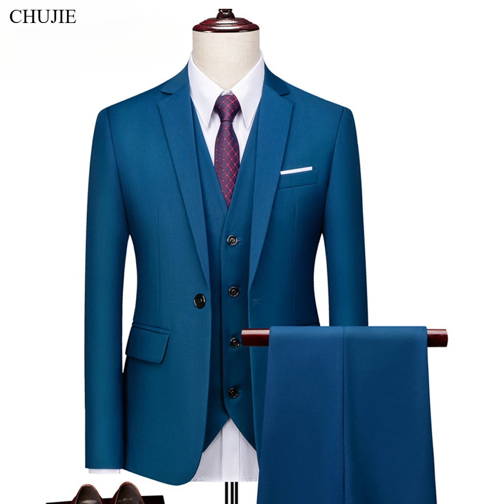 Men's Solid Suit Set 3 Piece Color Slim Fit Formal Business Office Work Wear Blazer Jacket Trousers Dress thumbnail 2