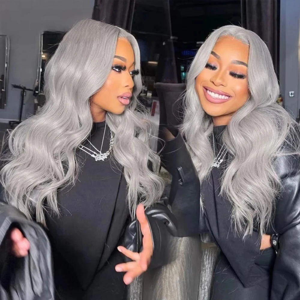 Silver Grey Colored Body Wave Bundles With 4X4 5X5 6x6 Closure 3/4 Bundles With 13x4 Frontal Gray Remy 100% Human Hair Bundles thumbnail 6