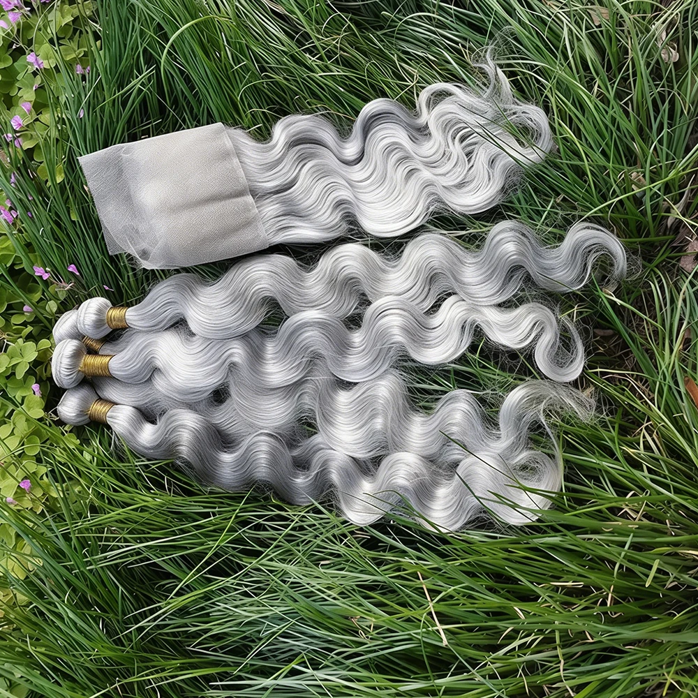 Silver Grey Colored Body Wave Bundles With 4X4 5X5 6x6 Closure 3/4 Bundles With 13x4 Frontal Gray Remy 100% Human Hair Bundles
