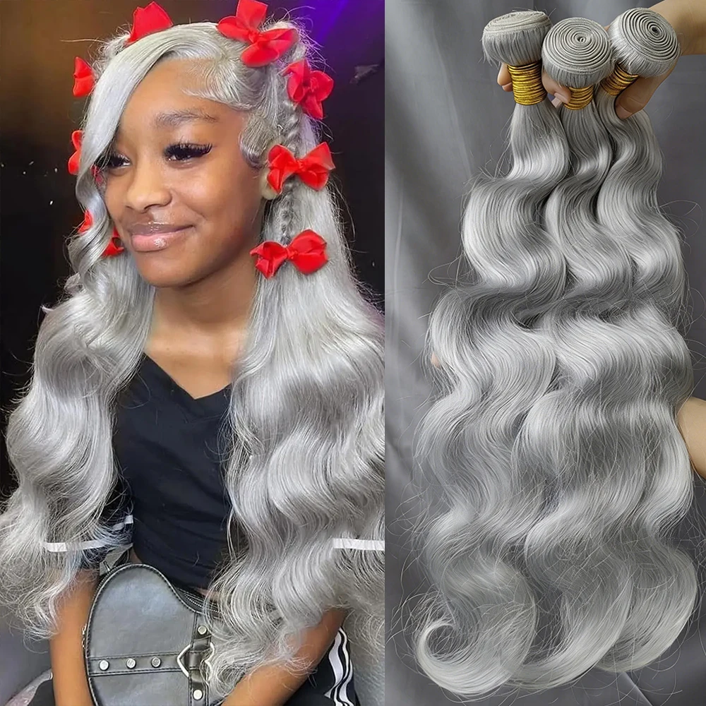 Silver Grey Colored Body Wave Bundles With 4X4 5X5 6x6 Closure 3/4 Bundles With 13x4 Frontal Gray Remy 100% Human Hair Bundles thumbnail 3