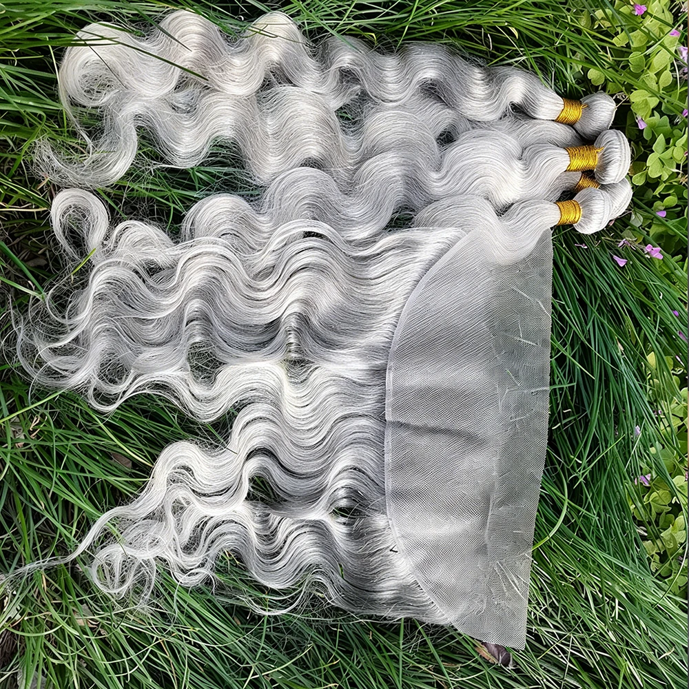 Silver Grey Colored Body Wave Bundles With 4X4 5X5 6x6 Closure 3/4 Bundles With 13x4 Frontal Gray Remy 100% Human Hair Bundles thumbnail 2