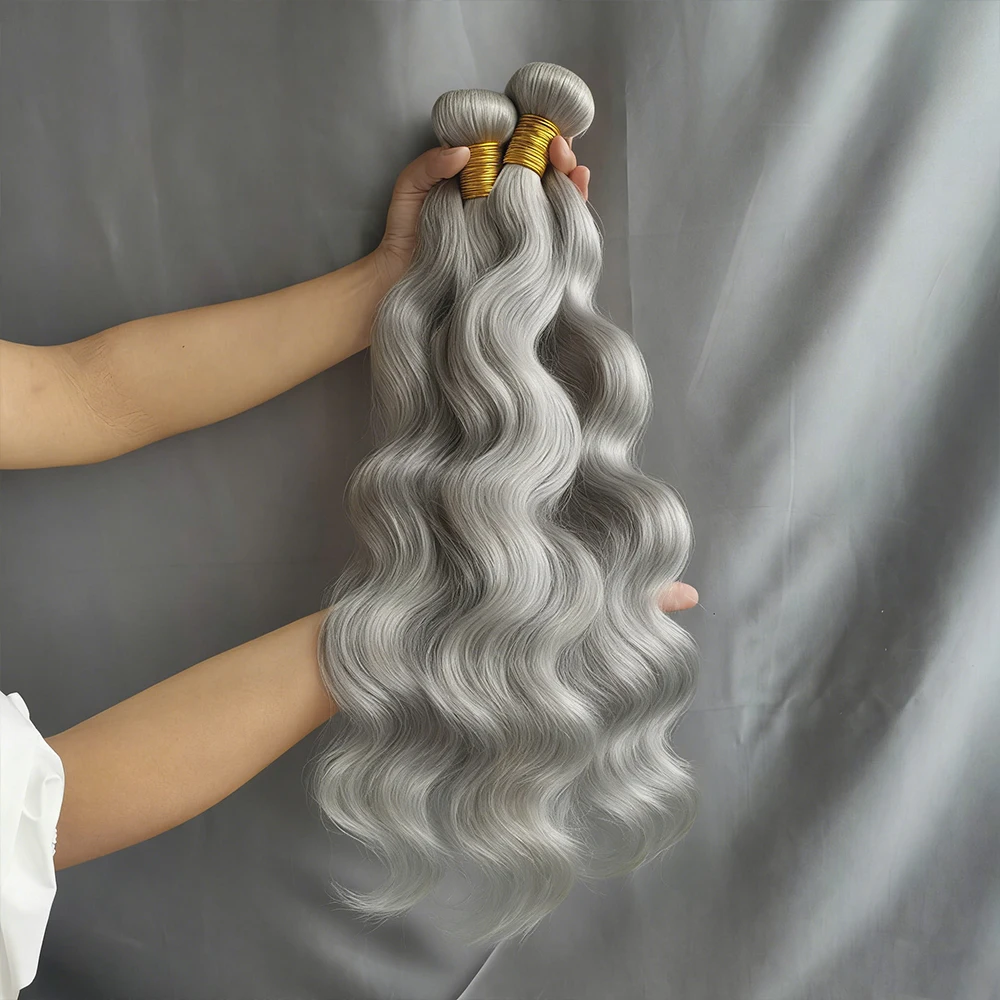 Silver Grey Colored Body Wave Bundles With 4X4 5X5 6x6 Closure 3/4 Bundles With 13x4 Frontal Gray Remy 100% Human Hair Bundles thumbnail 5