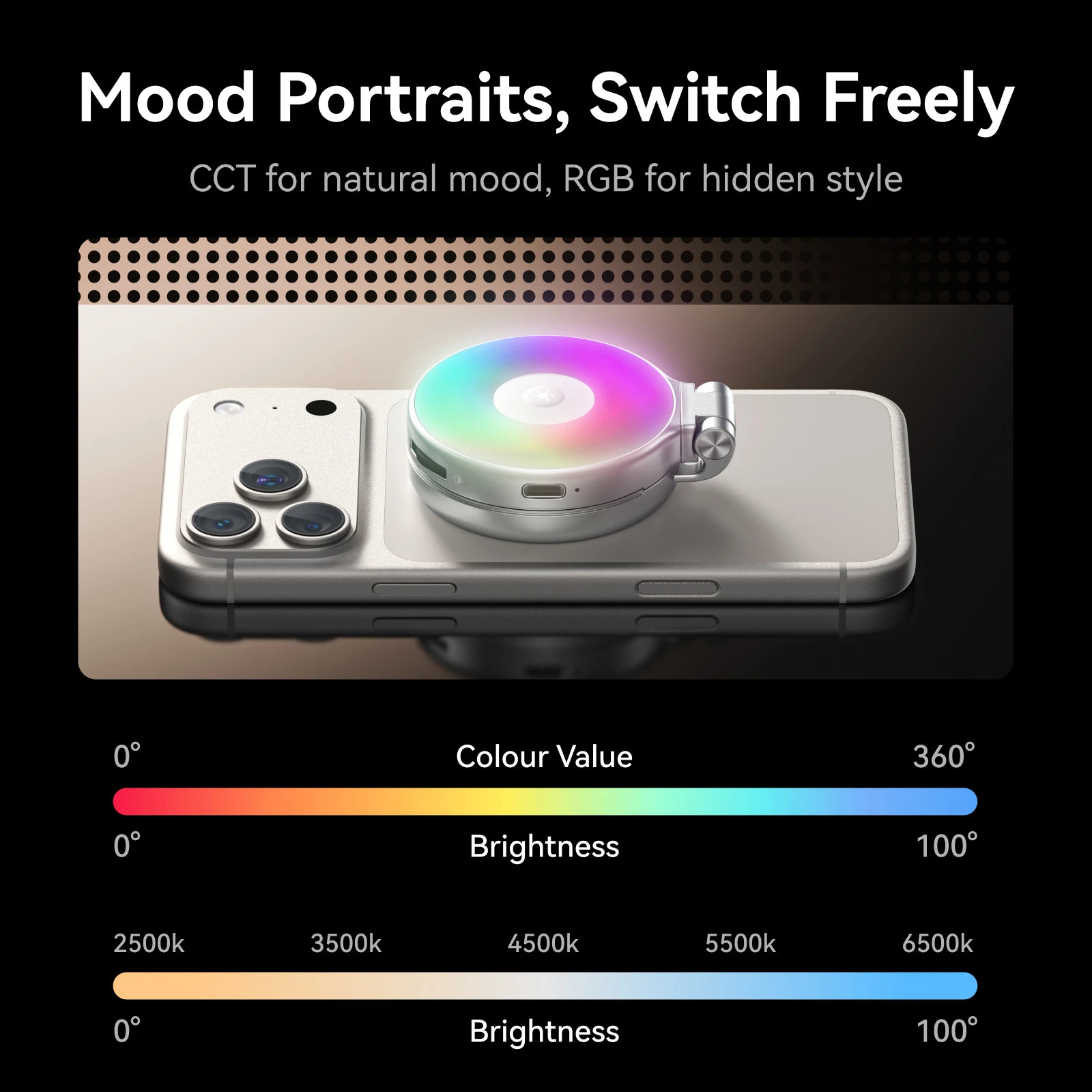 TELESIN Magnetic 360° Rotation RGB Fill Light Mini Selfie Light 3 Mode Adjustable Color Brightness for Smartphone Iphone Android thumbnail 3