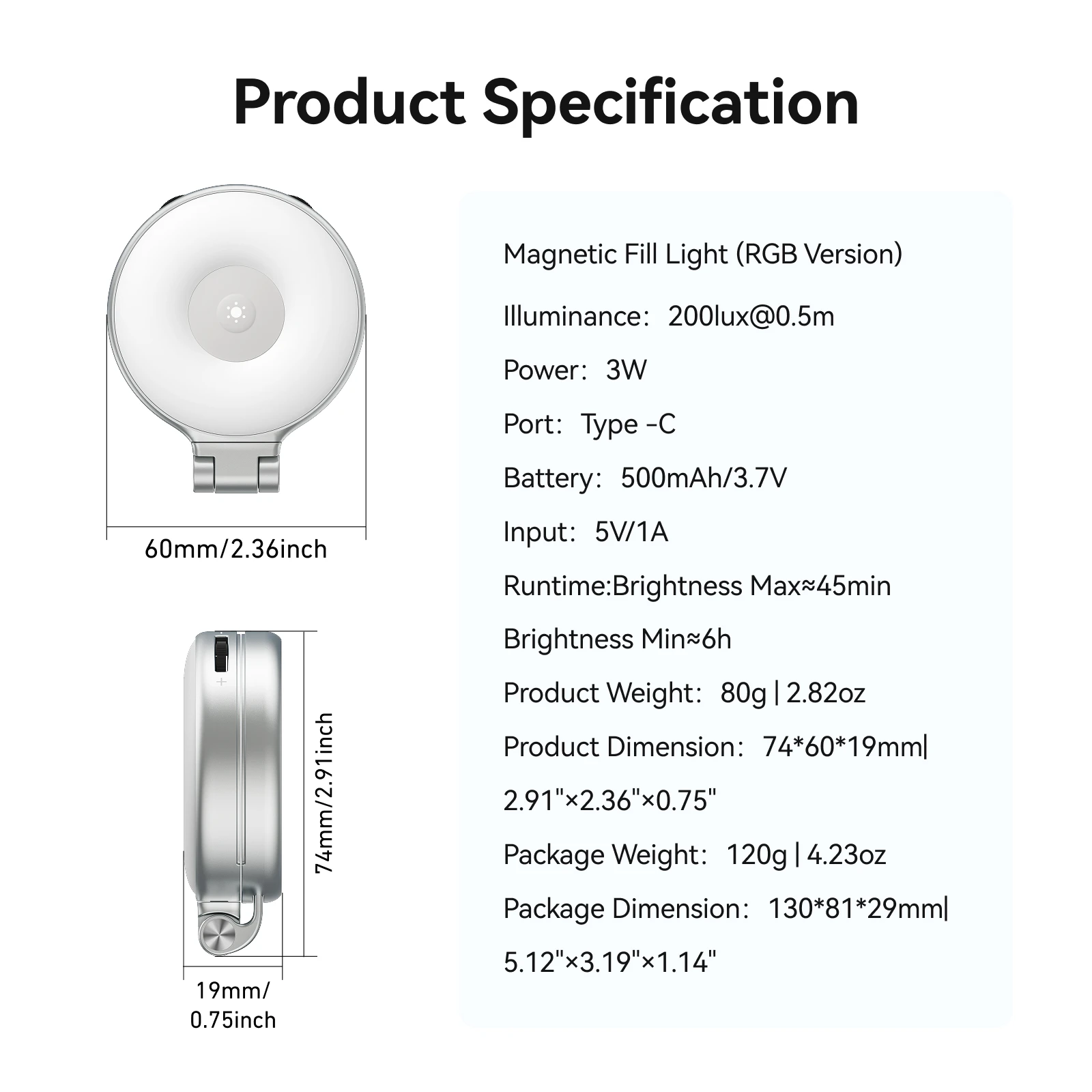 TELESIN Magnetic 360° Rotation RGB Fill Light Mini Selfie Light 3 Mode Adjustable Color Brightness for Smartphone Iphone Android thumbnail 6