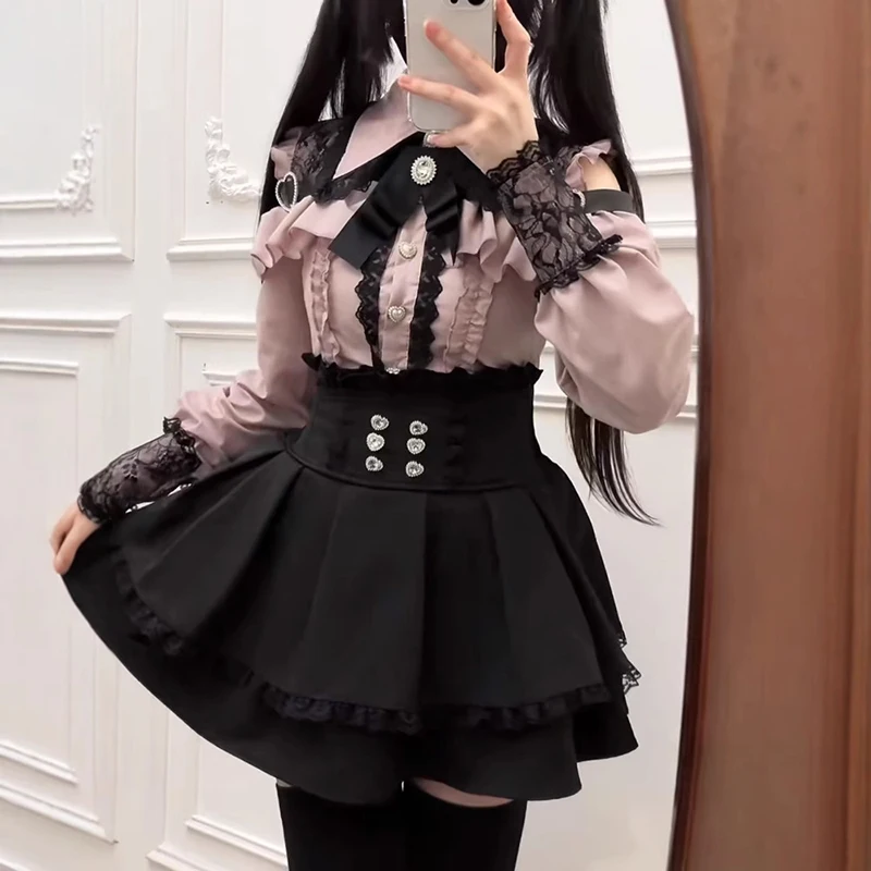 Jirai kei Shirt JK Skirt Japanese Style Lolita Y2K Sweet School Uniform Blouse Top Dress Darkness Outfit Women Girls Theme Party thumbnail 2