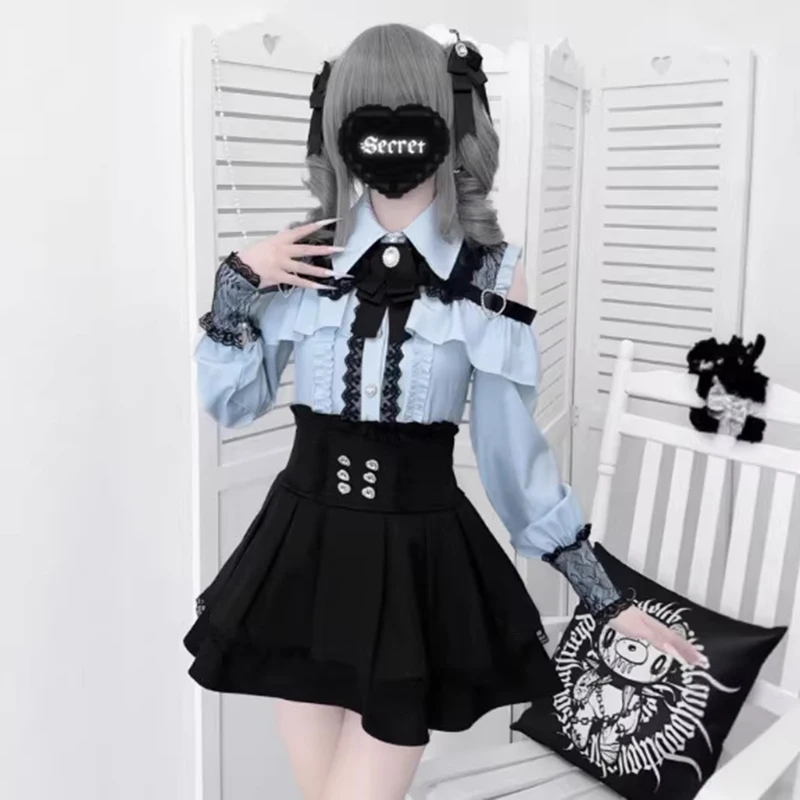 Jirai kei Shirt JK Skirt Japanese Style Lolita Y2K Sweet School Uniform Blouse Top Dress Darkness Outfit Women Girls Theme Party thumbnail 5