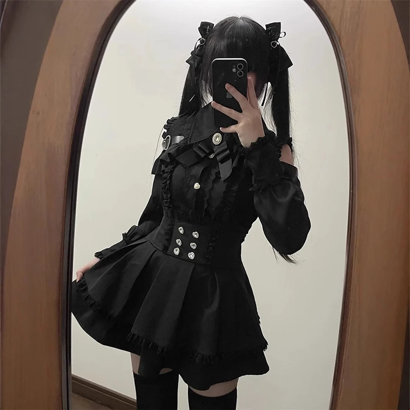 Jirai kei Shirt JK Skirt Japanese Style Lolita Y2K Sweet School Uniform Blouse Top Dress Darkness Outfit Women Girls Theme Party thumbnail 4
