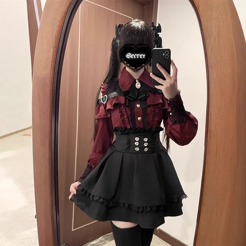 Jirai kei Shirt JK Skirt Japanese Style Lolita Y2K Sweet School Uniform Blouse Top Dress Darkness Outfit Women Girls Theme Party thumbnail 3