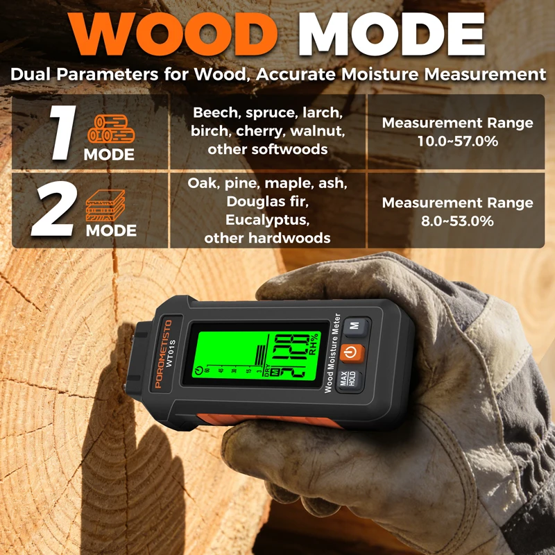 POROMETISTO WT01S Digital Wood Moisture Meter 5 Parameter Modes Two Pins Hygrometer Humidity Tester for Wood Building Materials thumbnail 3