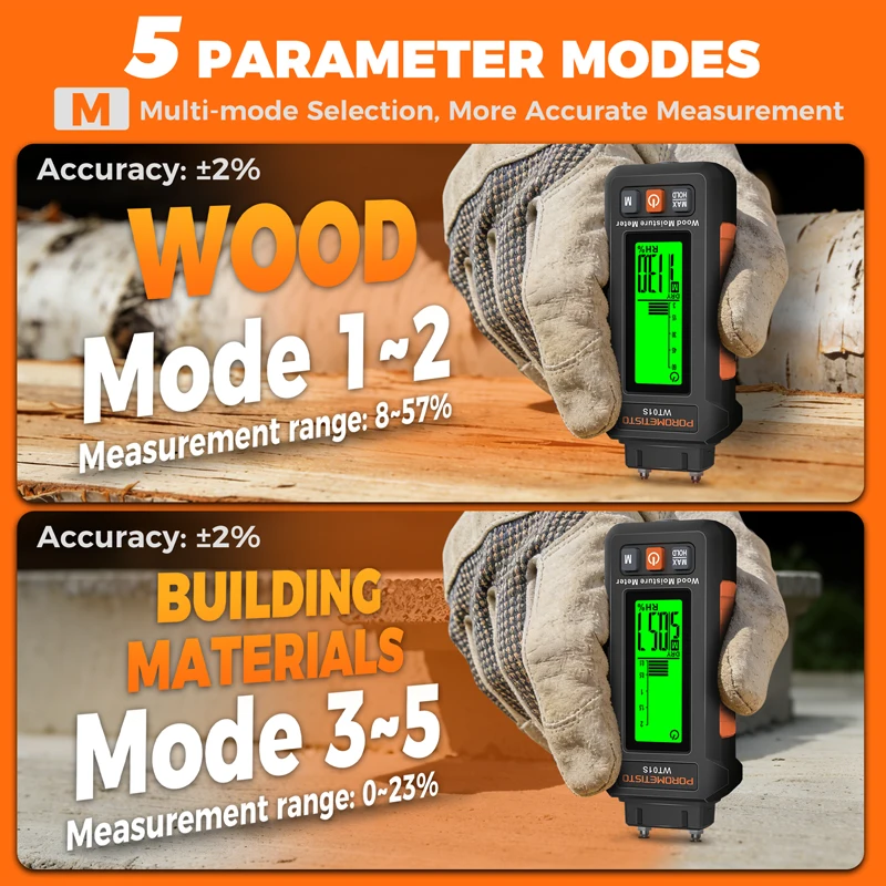 POROMETISTO WT01S Digital Wood Moisture Meter 5 Parameter Modes Two Pins Hygrometer Humidity Tester for Wood Building Materials thumbnail 2