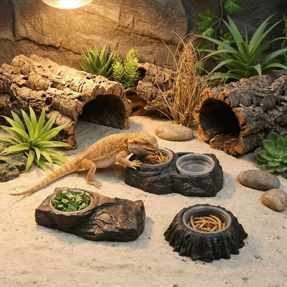 Imitation Stone Resin Rock Feeder Dish Anti-knock with Bowls Reptile Food Bowl Prevents Spills Wide Mouth Amphibians Water Bowl