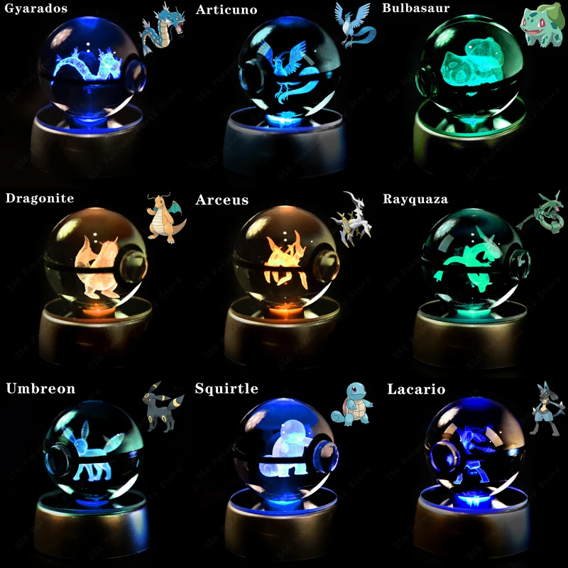Pokemon Crystal Ball 3D Pikachu Mewtwo Gengar Pokeball 3D Night Light Lamp Glass Statue Pokemon Crystal Ball Kids Birthday Gift thumbnail 3