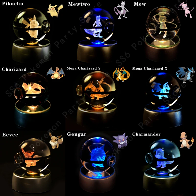 Pokemon Crystal Ball 3D Pikachu Mewtwo Gengar Pokeball 3D Night Light Lamp Glass Statue Pokemon Crystal Ball Kids Birthday Gift thumbnail 2