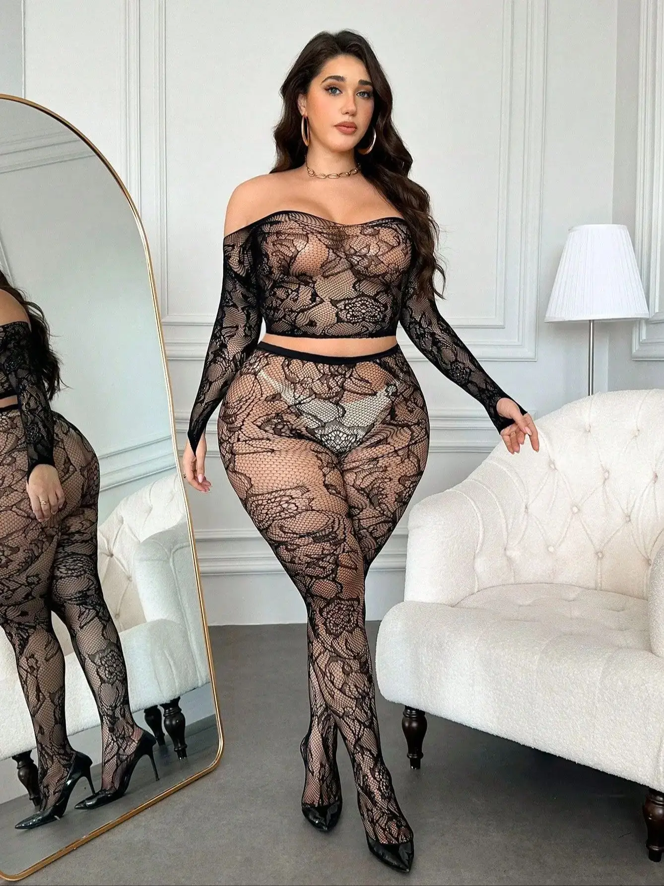 Super Plus Size Sexy 2 Piece Set Hollow Out Mesh Top Off Shoulder Cut Out Waist See Through Net Two Piece Outfits Curvy thumbnail 3