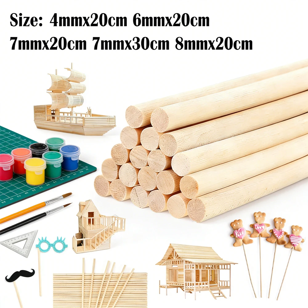 10-30pcs Smooth Bamboo Dowel Rods, 4-8mm Round Wooden Sticks for Precision Model Making & DIY Crafts, Easy to Cut