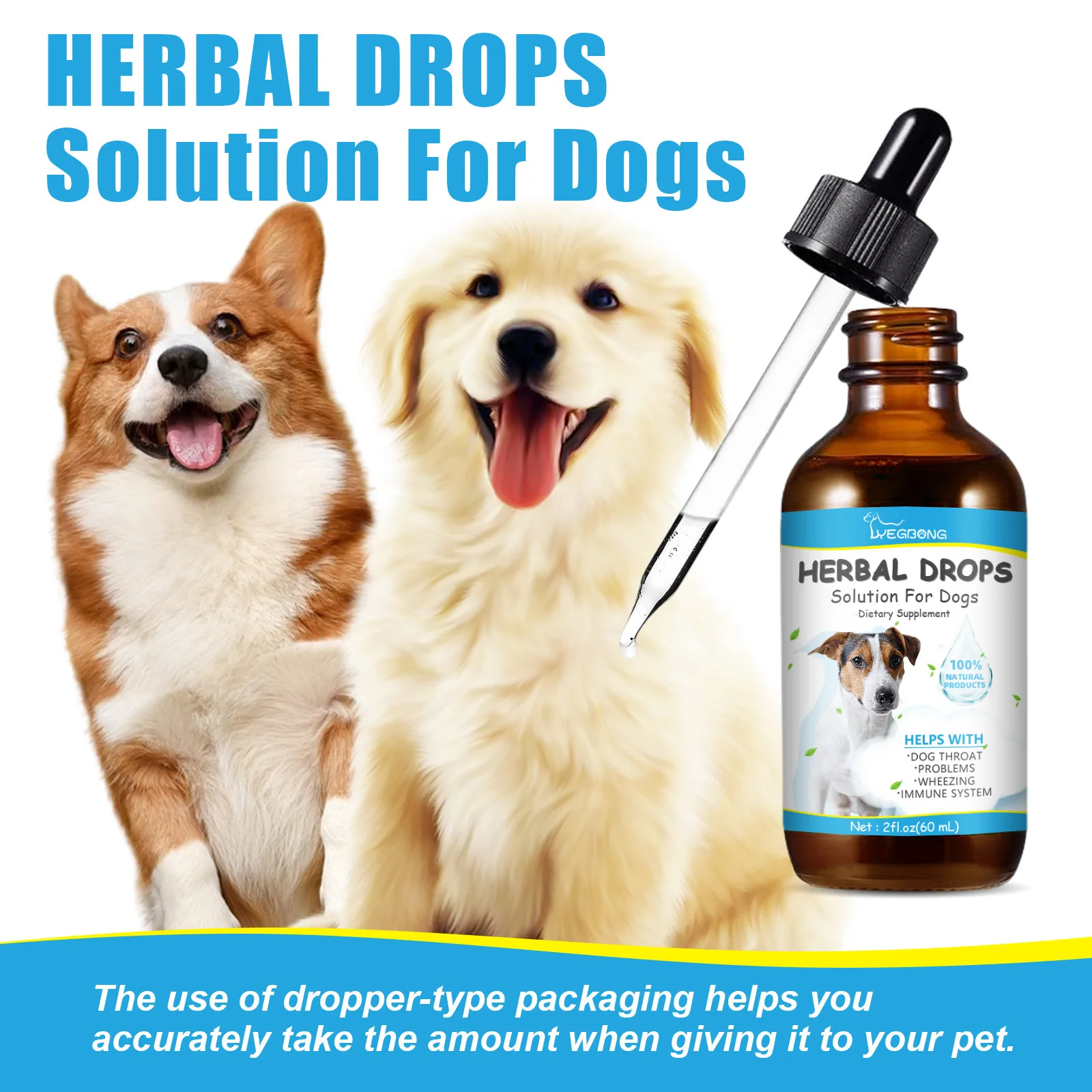 Yegbong Pet Cough Herbal Drops Soother Throat Discomfortable Gentle Formula Safe For Dogs Cats Health Supplement Care Drops 60ml