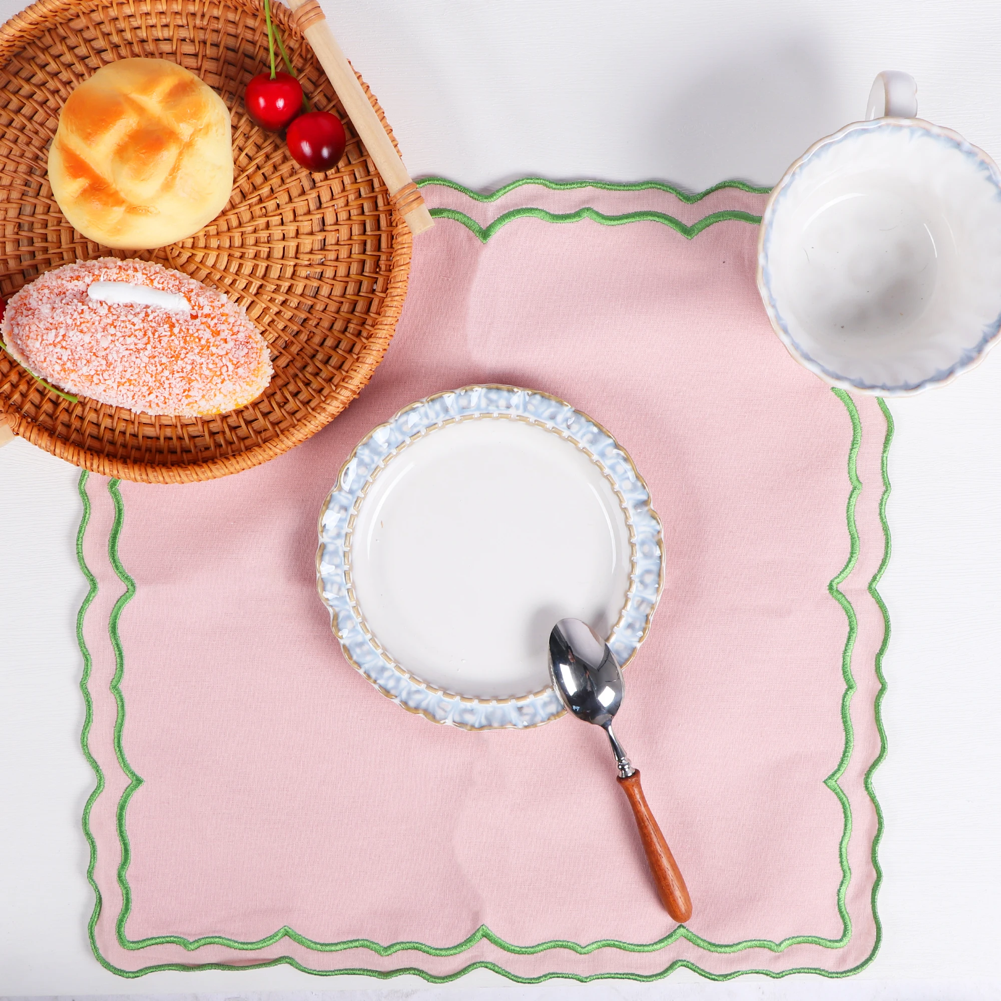 14 Inch Square Pink Placemats with Green Trim – Decorative Table Mat for Dining Table & Home Kitchen Use