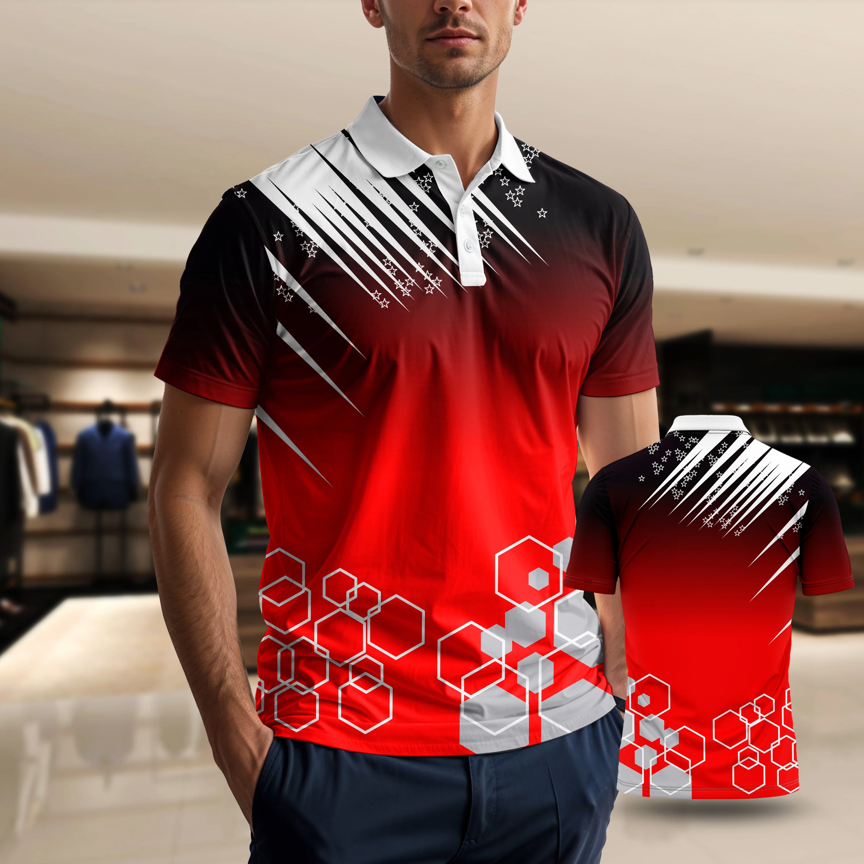Gradient stripes patterns Men's Polo Shirts Outdoor Sports Retro Casual Polo T-Shirts Button Short Sleeve Street Men Clothing thumbnail 2