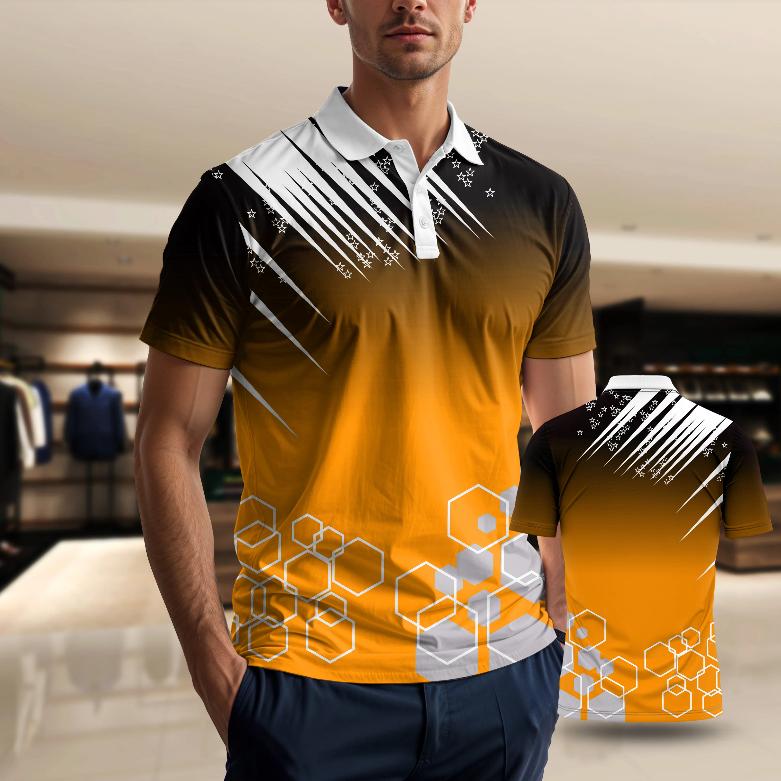 Gradient stripes patterns Men's Polo Shirts Outdoor Sports Retro Casual Polo T-Shirts Button Short Sleeve Street Men Clothing thumbnail 4