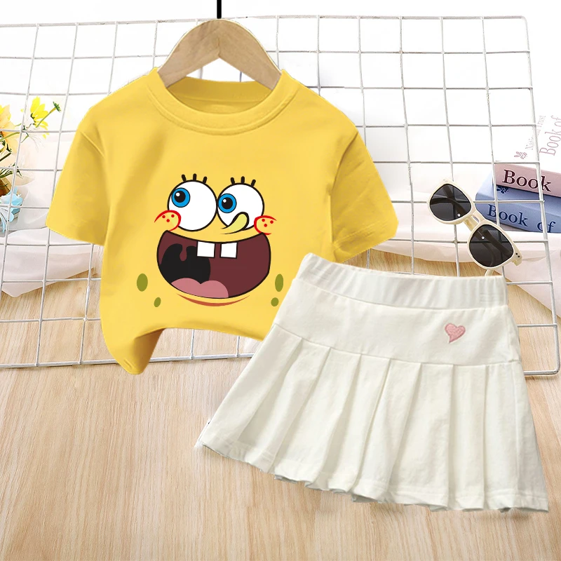 Fashion Sponge-Boby Square Pants T-shirt Shorts Pleated Skirt Set Cute Casual Wear Cartoon Summer Girls Birthday Clothes Gifts