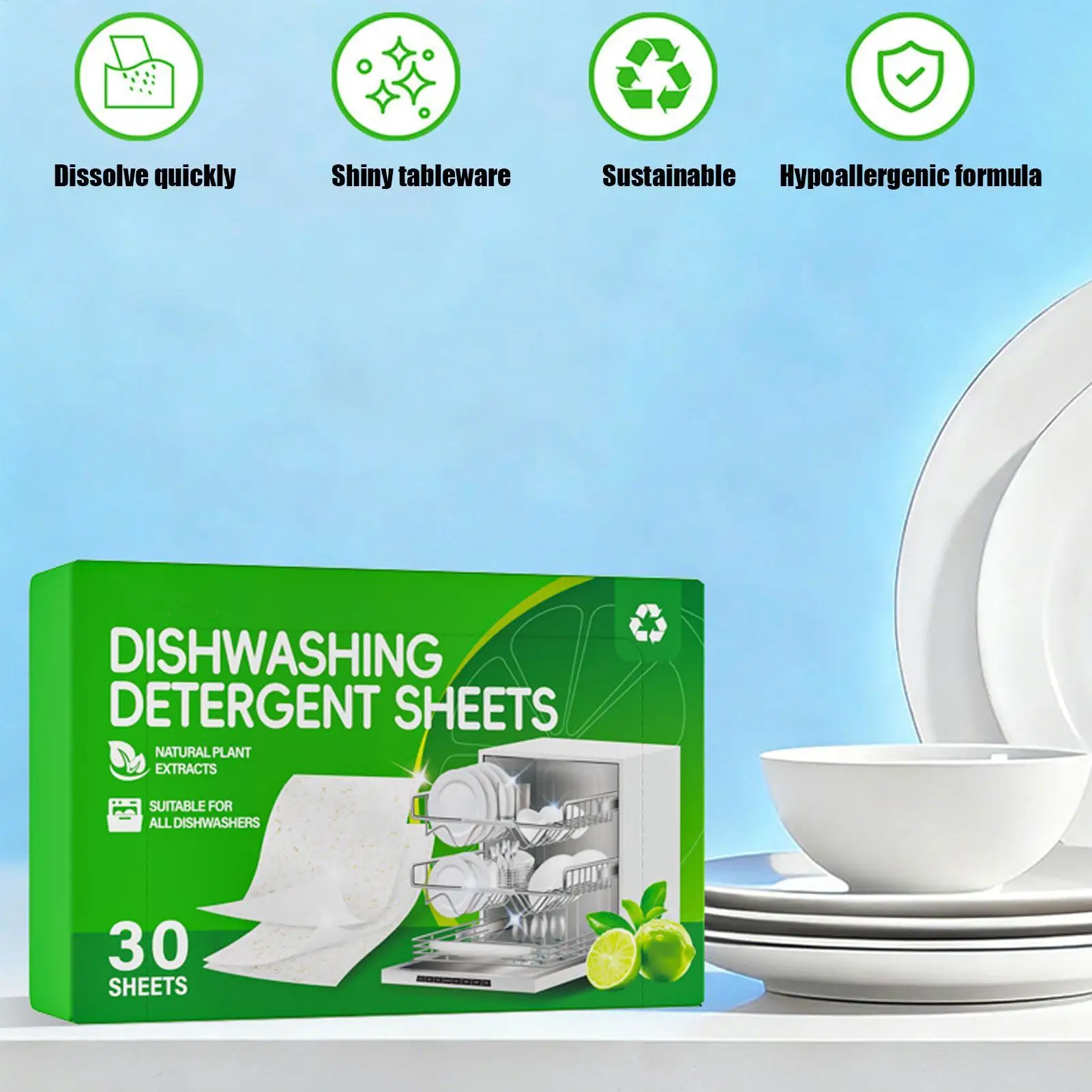 30 pcs Dishwasher Detergent Sheets Oil Stain Dissolving Grease Remover Cleaning Tablets For Kitchen Tableware Bowls Chopsticks thumbnail 4