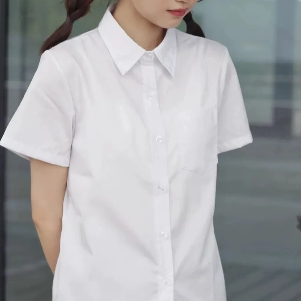 Casual Classic White Shirt Basic Preppy Style Loose Fit Shirt Simple Short Sleeve Blouse High School Students thumbnail 4