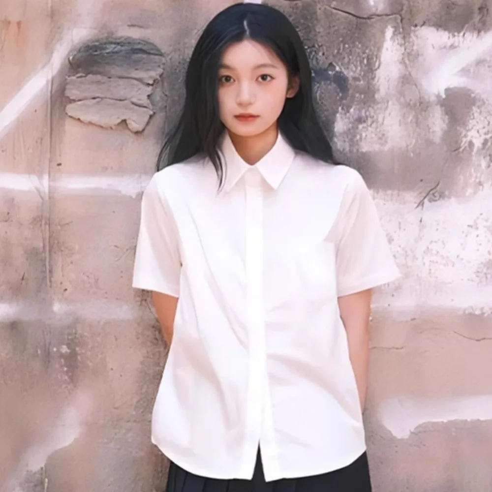 Casual Classic White Shirt Basic Preppy Style Loose Fit Shirt Simple Short Sleeve Blouse High School Students thumbnail 3