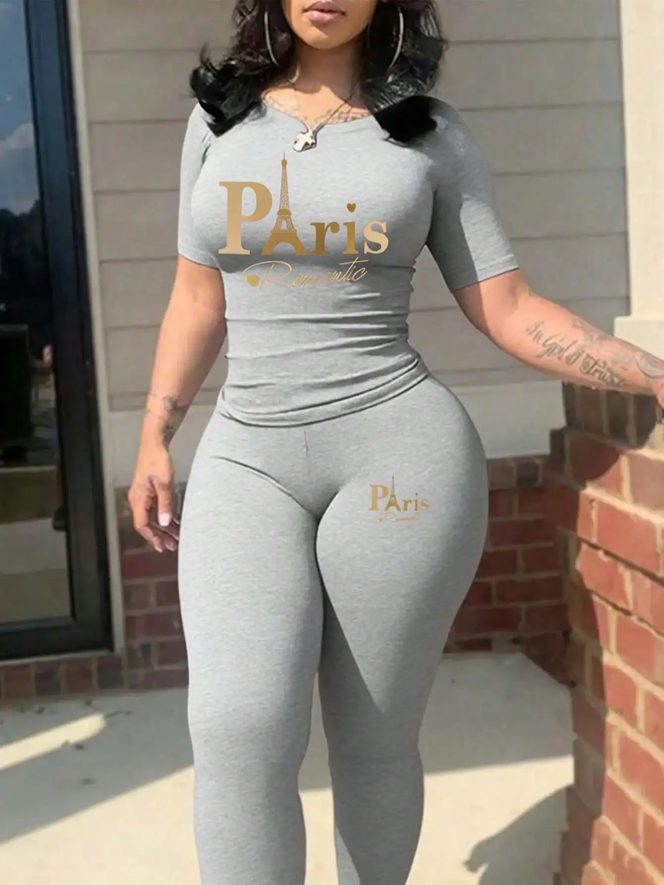 2026 women's new Paris printed two-piece set, casual short sleeved round neck T-shirt and tight pants long pants set thumbnail 3