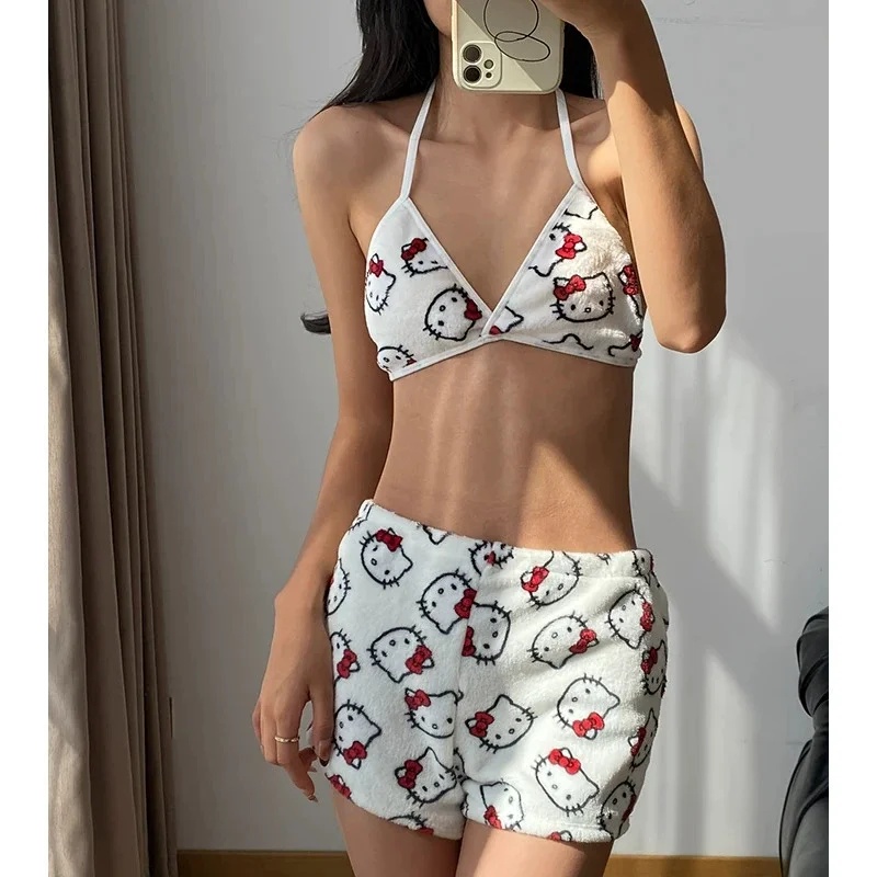 New Hello Kitty ladies Pajama Two Piece Sanrio Anime Kawaii Women Home Underwear Cute Summer Beachwear Bra Shorts Girl Bikini thumbnail 3