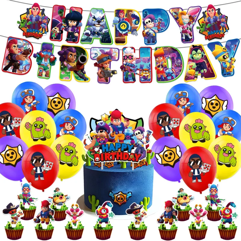 Battle Balloons Happy Birthday Banner Fight Game Party Decoration Brawled Background Cake Topper Disposable Tableware Keychain