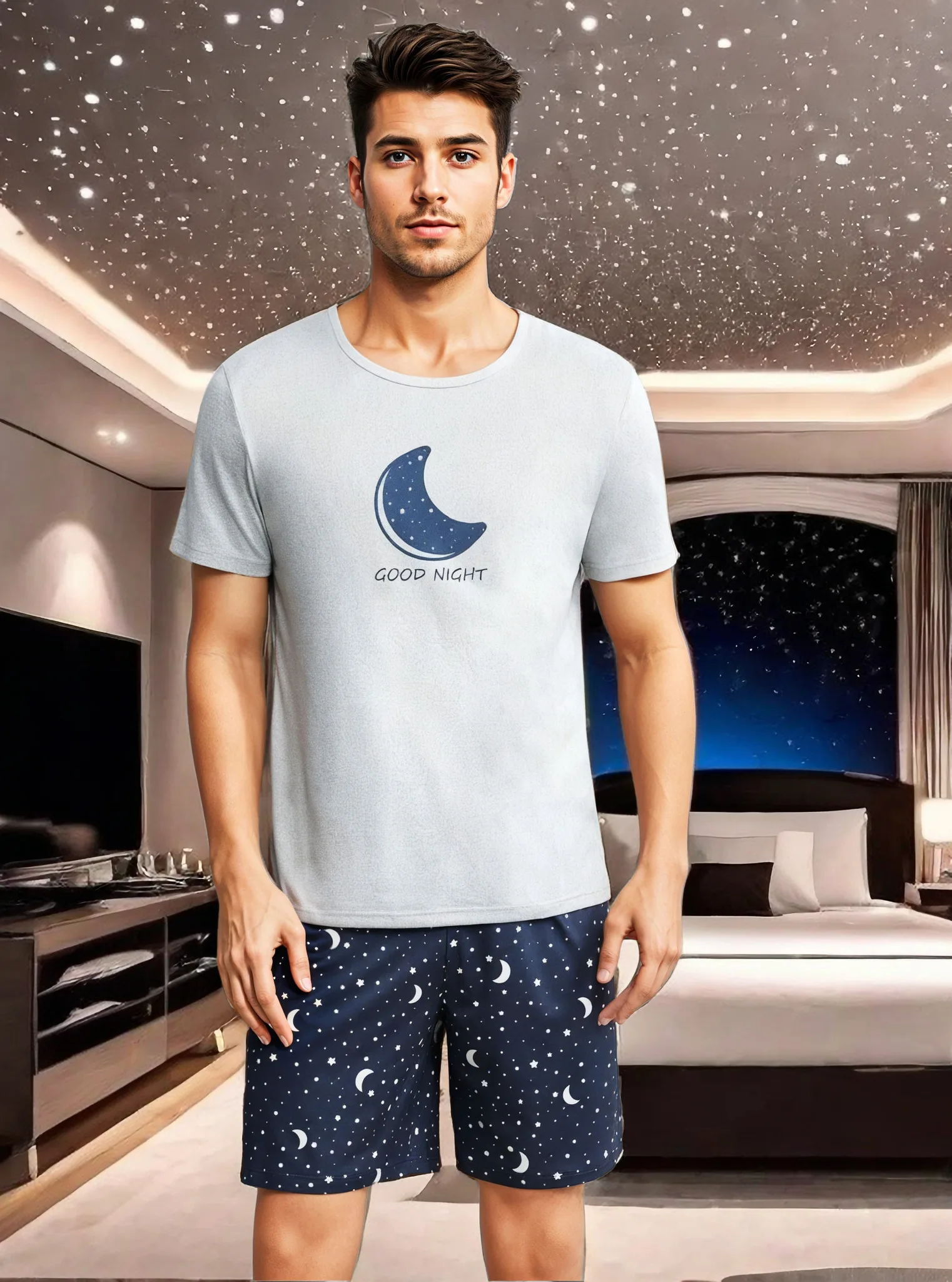 A set of "Goodnight" moon printed casual pajamas and home clothes, comfortable summer clothing thumbnail 3