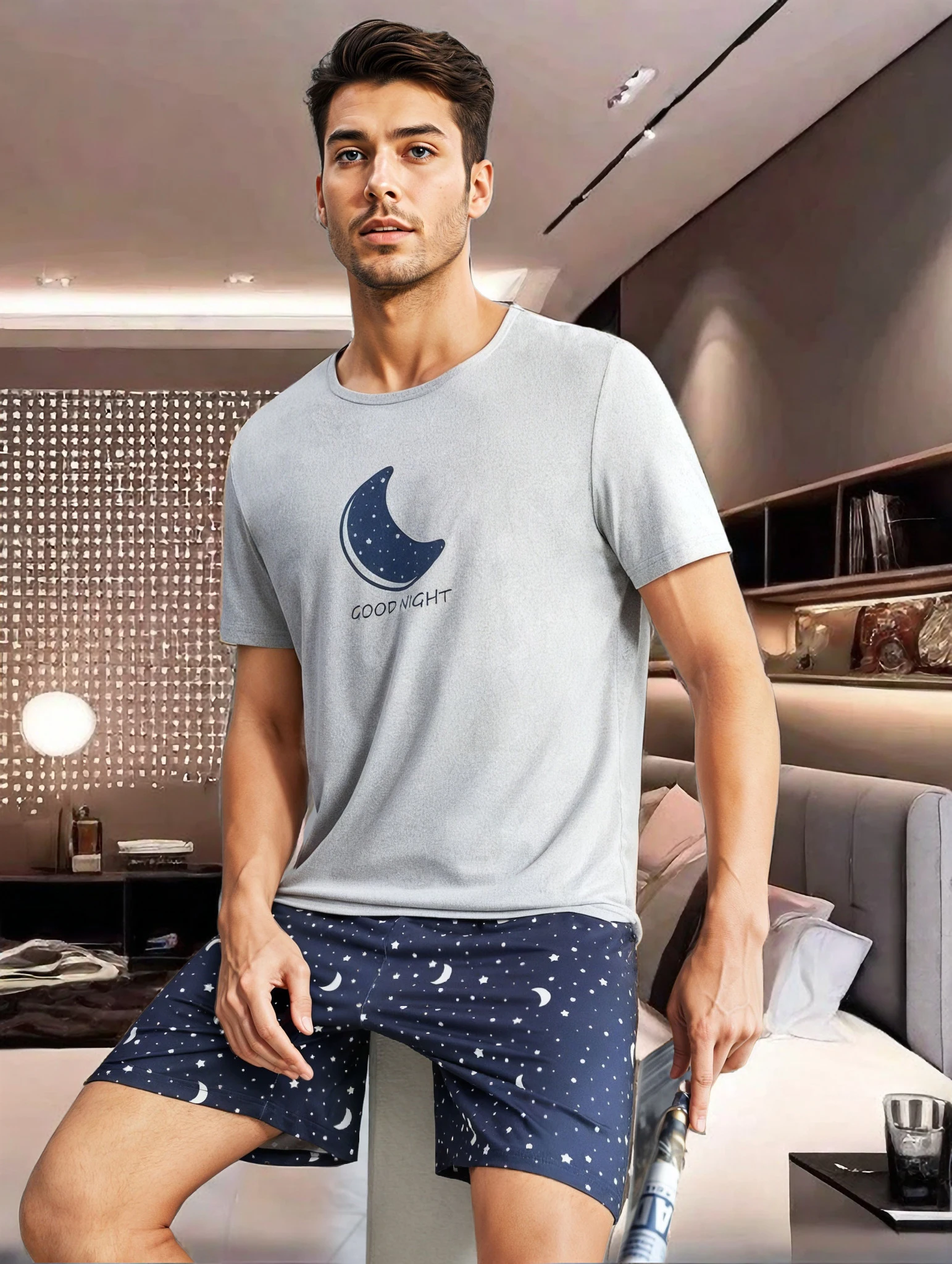 A set of "Goodnight" moon printed casual pajamas and home clothes, comfortable summer clothing