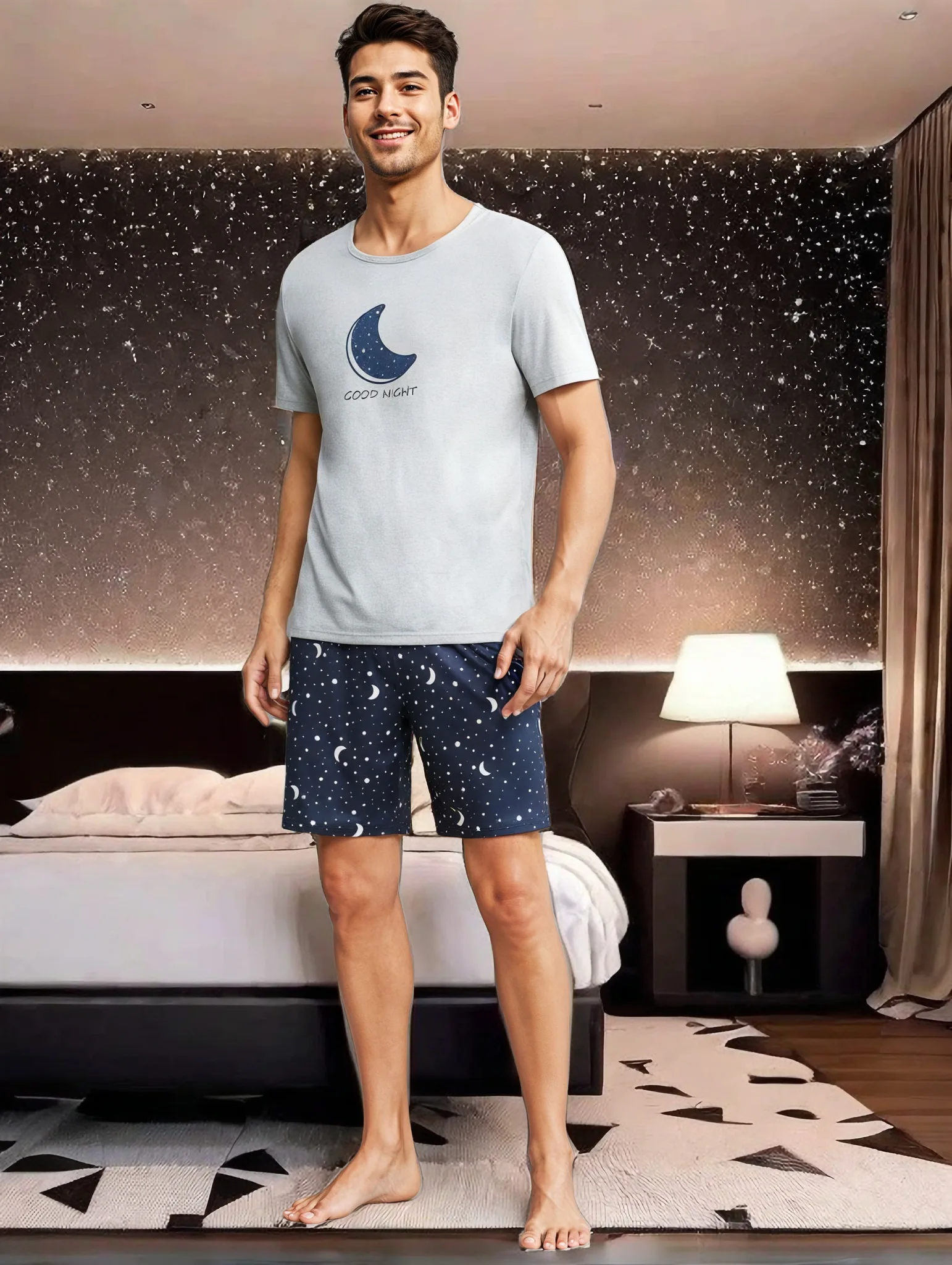 A set of "Goodnight" moon printed casual pajamas and home clothes, comfortable summer clothing thumbnail 4