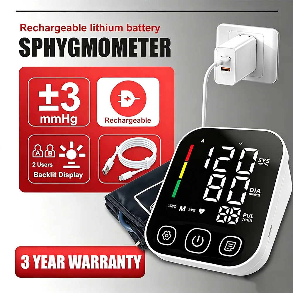 Rechargeable Blood Pressure Monitor Upper Arm Automatic Blood Pressure Kit Sphygmomanometer Heart Rate Tonometer Arrhythmia