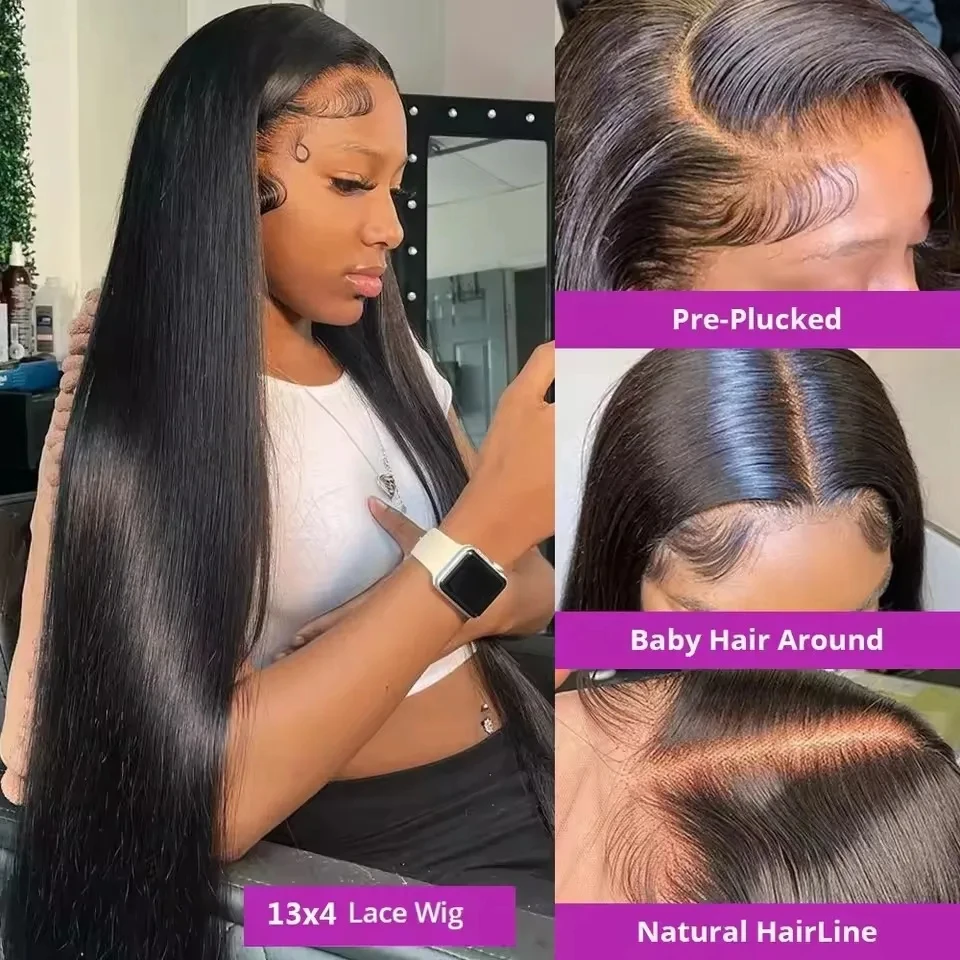 13x4 Brazilian Human Hair Wear and Go 200 Density Straight 13x6 Hd Lace Frontal Wigs Natural Black Pre Plucked with Baby Hair thumbnail 2